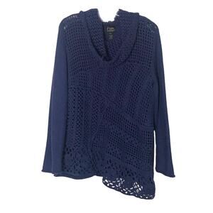 PURE Handknit 100% Cotton Cowl Neck Open Crochet Front Sweater Purple Med Large